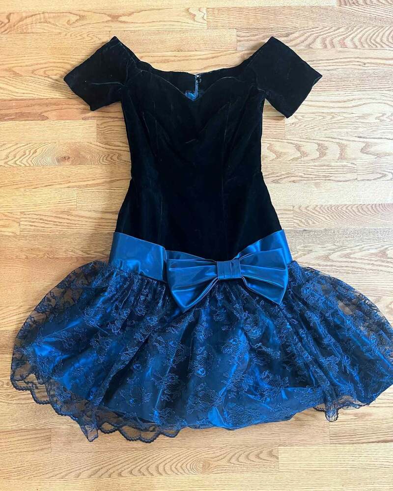 Black Velvet and Navy Blue 1980€™s Velvet/Satin Cocktail or Homecoming Dress